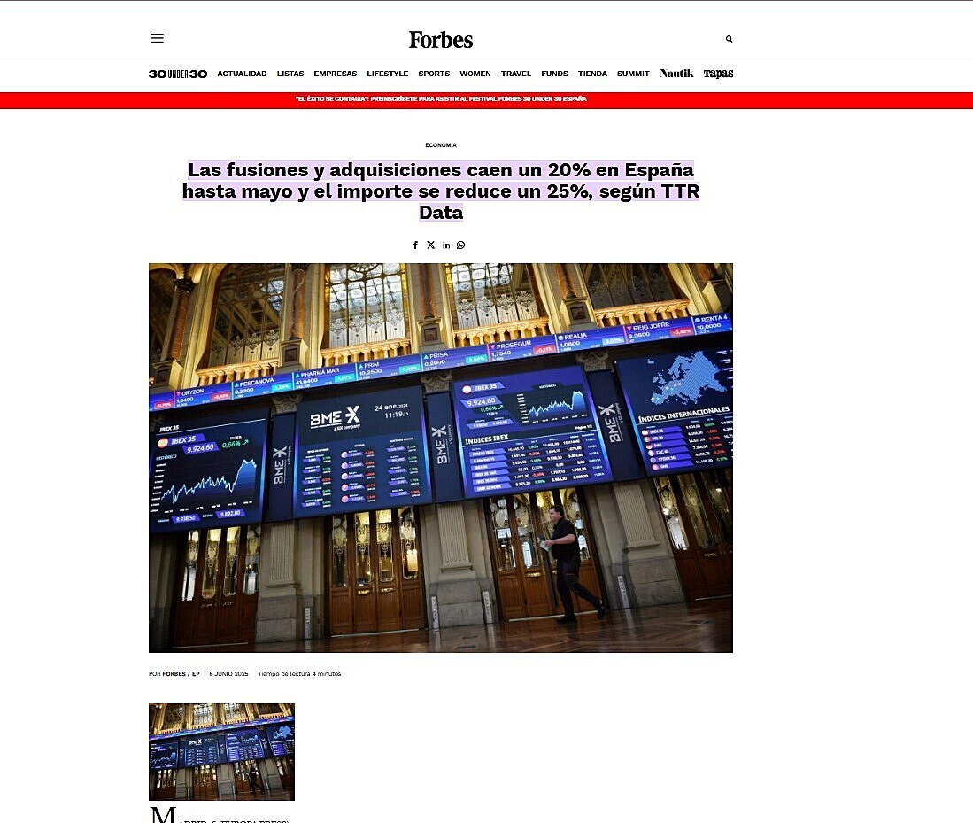 Las fusiones y adquisiciones caen un 20% en Espaa hasta mayo y el importe se reduce un 25%, segn TTR Data